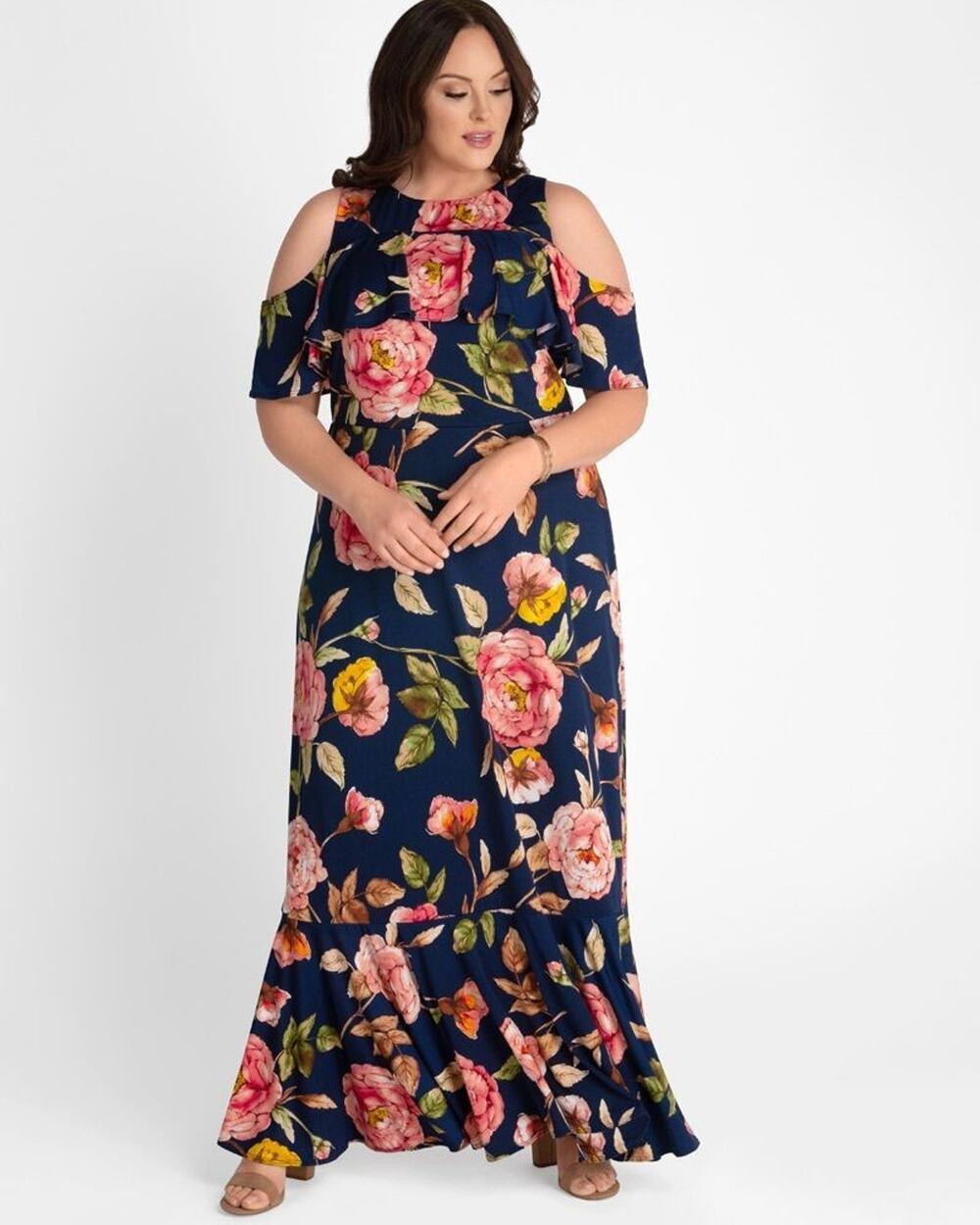 Kiyonna Piper Cold Shoulder Maxi Dress 2X Feminine Cottagecore Ruffle Boho Lined